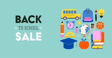 Canlı Renkli Okula Dönüş konsept tasarımı. Geometrik düz çizim, afiş ve poster. Okul malzemeleri ve sarı otobüs vektör illüstrasyonu