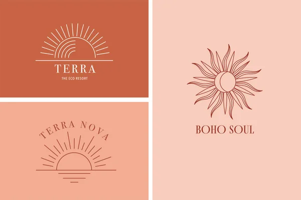 Logotipos Sol Linear Boêmio Ícones Símbolos Modelos Design Arco Janela —  Vetores de Stock