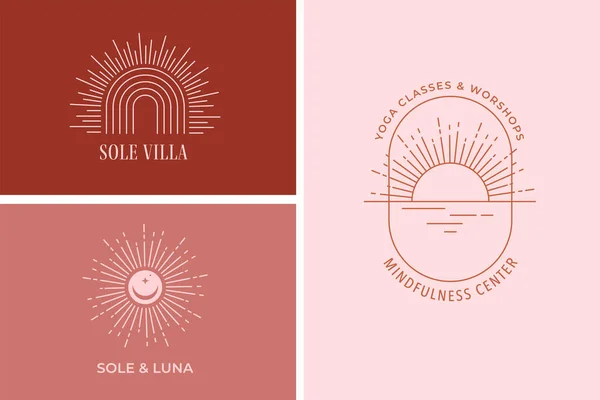 Bohem Doğrusal Güneş Logoları Simgeler Semboller Minimalist Yay Pencere Tasarım — Stok Vektör