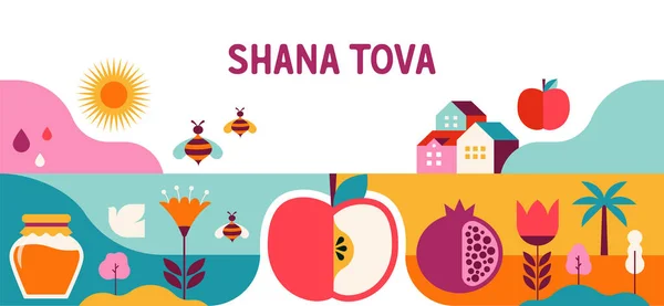 Rosh Hashanah Sfondo Banner Stile Grafico Geometrico Piatto Shana Tova — Vettoriale Stock