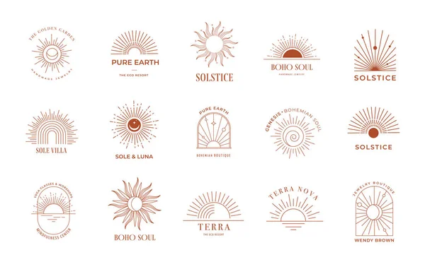 Logos Solaires Linéaires Bohèmes Icônes Symboles Modèles Minimalistes Conception Arc — Image vectorielle