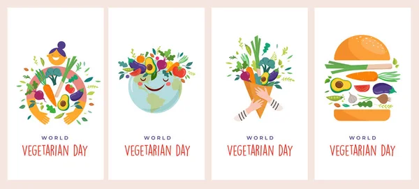 Dia Mundial Vegetariano Desenhos Conceituais Cartazes Modelos História Ilustração Vetorial — Vetor de Stock