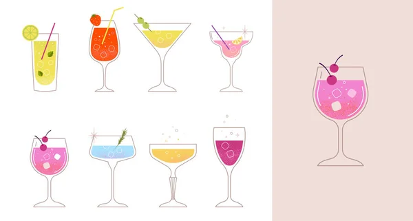 Modern Platt Sommar Cocktails Samling Färgglad Bakgrund Med Cocktailglasögon Firande — Stock vektor