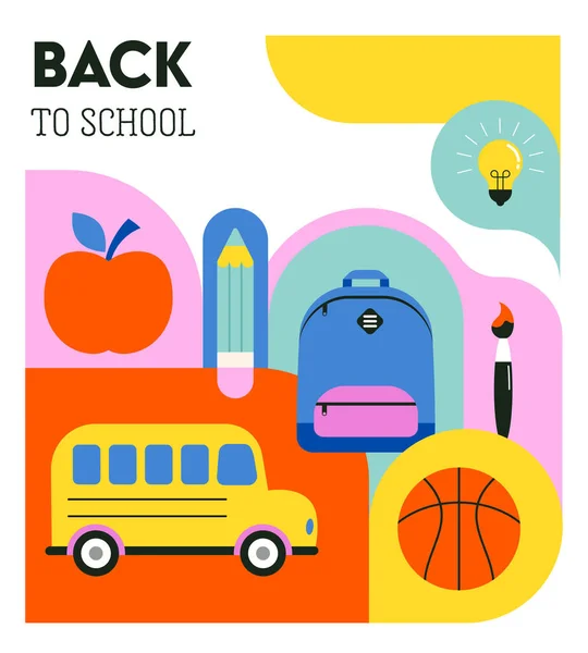 鮮やかな色に戻る学校の背景の概念のデザインに 幾何学的なフラットスタイルのイラスト バナーやポスター スクール用品 バックパック 黄色のスクールバスのベクトルイラスト — ストックベクタ