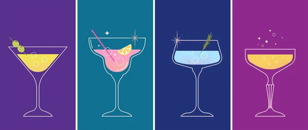 Modern Flat Summer Cocktails Collection Colorful Background Cocktail Glasses Celebration — Stock Vector