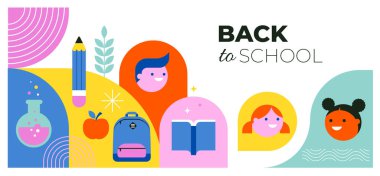 Canlı Renkli Okula Dönüş konsept tasarımı. Geometrik düz çizim, afiş ve poster. Çocuklar, okul malzemeleri, sırt çantası ve sarı otobüs çizimleri.