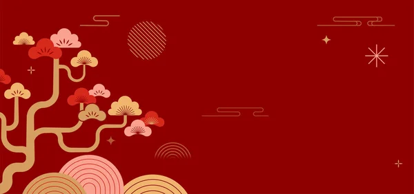 Kínai Újévi Háttér Piros Arany Kínai Táj Fenyőfákkal Hegyekkel Geometriai — Stock Vector