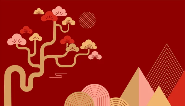 Nouvel Chinois Fond Paysage Chinois Rouge Avec Pins Montagnes Vecteur — Image vectorielle