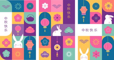Chuseok tatil geçmişi, Çince çeviri - Sonbahar ortası festivali. Ay çöreği, tavşanlar, tavşanlar ve fenerler. Düz geometrik tarz afiş ve poster. Vektör tasarımı