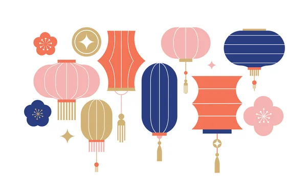 中国灯笼系列 农历新年 中秋节背景 横幅和贺卡 平面简约几何设计 矢量说明 — 图库矢量图片