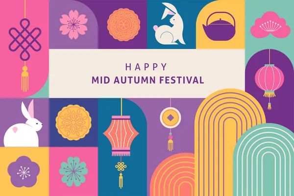 Koreański Festiwal Mid Autumn Chuseok Księżycowe Ciasteczka Króliczki Tęcze Kwiaty — Wektor stockowy