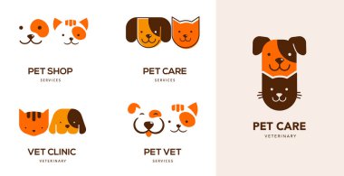 Modern tarz evcil hayvan logoları, ikonlar. Köpek, kedi vektör çizimleri ve sembolleri