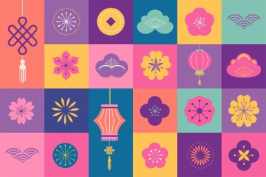 Sonbahar ortası festivali. Chuseok, Çin Yeni Yılı. Ay çörekleri, çiçekler ve fenerler, vektör arkaplan ve poster