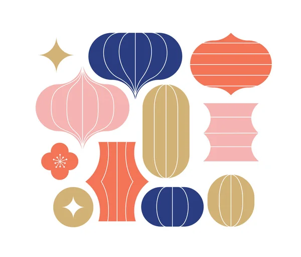 中国の提灯のコレクション 中国の旧正月 中秋節の背景 バナーとグリーティングカード 平面最小限の幾何学的デザイン ベクターイラスト — ストックベクタ