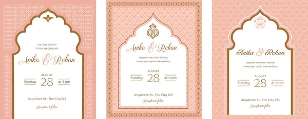 インドの結婚式招待状と日付テンプレートを保存します インドのパターンとエキゾチックな結婚式のテーマ ベクターイラスト — ストックベクタ