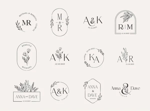 Logotipos Casamento Desenhado Mão Elegante Delicado Coleção Monograma Minimalista Desenho — Vetor de Stock