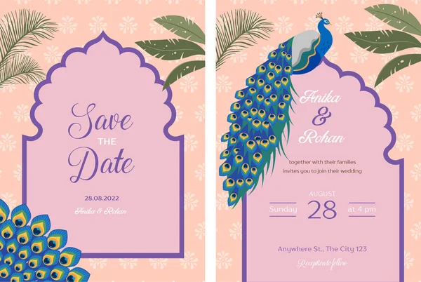 インドの結婚式招待状と日付テンプレートを保存します ヤシやクジャクとエキゾチックな結婚式のテーマ ベクターイラスト — ストックベクタ