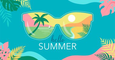 Yaz eğlencesi tasarımı. Manzaranın yaratıcı arka planı, güneş gözlüklü deniz ve yaz plajı manzarası. Yaz indirimi, orman yaprakları çerçeveli posta şablonu. Vektör illüstrasyonu