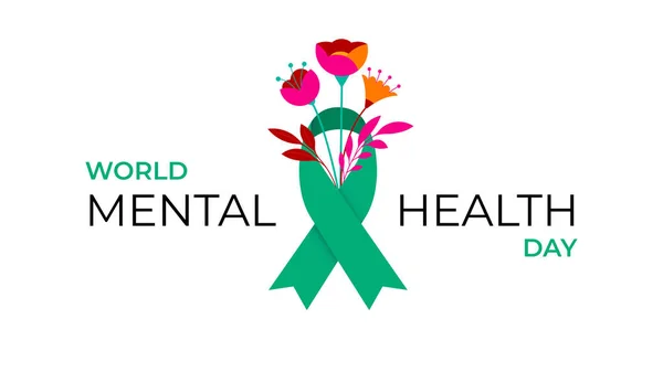 Παγκόσμια Ημέρα Ψυχικής Υγείας Σχεδιασμός Ιδέας Πράσινη Κορδέλα Και Λουλούδια — Διανυσματικό Αρχείο