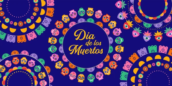 Dia Los Muertos 已故的墨西哥抽象背景日 环绕着花环 纸装饰和花朵 矢量说明 — 图库矢量图片