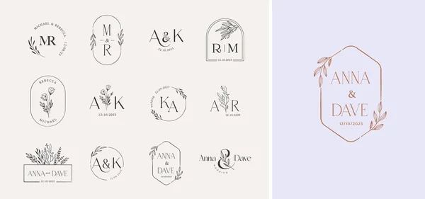 Wedding Logos Hand Drawn Elegant Delicate Minimalist Monogram Collection Botanical — Stock Vector