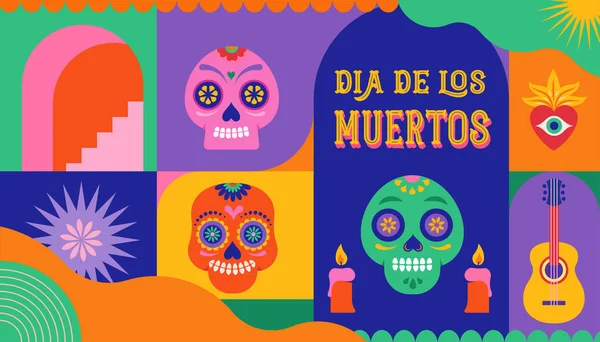 Dia Los Muertos Day Dead Mexican Holiday Festival 矢量海报 旗帜和卡片采用现代几何风格 — 图库矢量图片