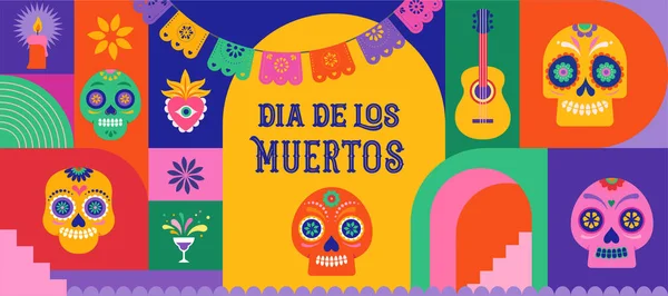 Dia Los Muertos Day Dead Mexican Holiday Festival Vector Poster — Stock Vector