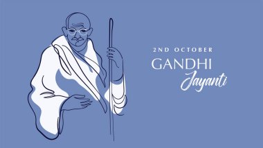 Gandi Jayanti el yazısı, çizgisel poster ve afiş arkaplanı çizdi. Mahatma Gandhi vektör çizgisi çizimi.