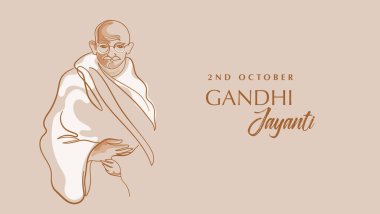 Gandi Jayanti el yazısı, çizgisel poster ve afiş arkaplanı çizdi. Mahatma Gandhi vektör çizgisi çizimi.