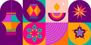 Mutlu Diwali 'ler, ışık festivali. Modern geometrik minimalist tasarım. Poster, afiş ve sosyal medya şablonu. Vektör konsepti tasarımı