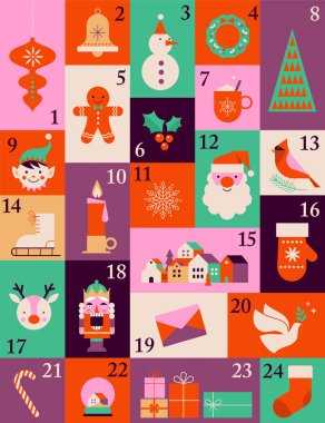 Advent Takvimi, Mutlu Noeller posteri, modern minimalist tarzda Xmas unsurlarıyla basılabilir şablon. Vektör illüstrasyonu ve konsept tasarımı