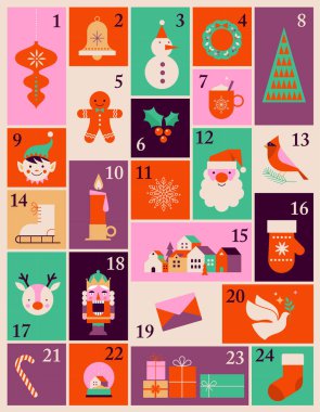 Advent Takvimi, Mutlu Noeller posteri, modern minimalist tarzda Xmas unsurlarıyla basılabilir şablon. Vektör illüstrasyonu ve konsept tasarımı