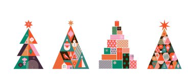 Modern minimalist geometrik tarzda noel ağacı koleksiyonu. Düz vektör karikatür tarzında renkli çizimler. Geometrik desenli Xmas ağaçları, yıldızlar ve soyut elementler