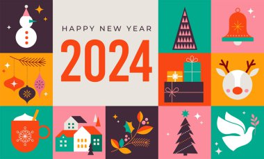 Modern minimalist geometrik tarzda Noel arkaplanı. Düz vektör karikatür tarzında renkli çizimler. Geometrik desenli Noel süslemeleri, yıldızlar ve soyut elementler