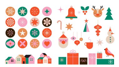 Modern minimalist geometrik tarzda Noel elementleri. Düz vektör karikatür tarzında renkli çizimler. Geometrik desenli Xmas ağacı, yıldızlar ve soyut elementler