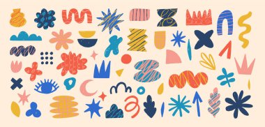 El çizimi saflık, tuhaf geometrik şekiller ve biçimler. Modern modern figürler, çeşitli organik şekiller ve karalama nesneleri ve grafik elementler. Vektör illüstrasyonları koleksiyonu