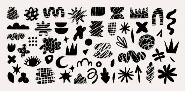 El çizimi saflık, tuhaf geometrik şekiller ve biçimler. Modern modern figürler, çeşitli organik şekiller ve karalama nesneleri ve grafik elementler. Vektör illüstrasyonları koleksiyonu