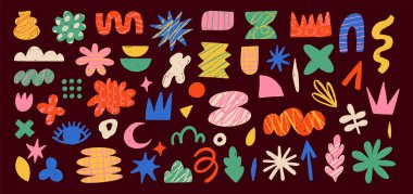 El çizimi saflık, tuhaf geometrik şekiller ve biçimler. Modern modern figürler, çeşitli organik şekiller ve karalama nesneleri ve grafik elementler. Vektör illüstrasyonları koleksiyonu