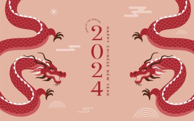 Ay 'ın yeni yıl geçmişi, afiş, Çin Yeni Yılı 2024, Ejderha Yılı. Geleneksel minimalist modern tarz. Vektör konsepti tasarımı