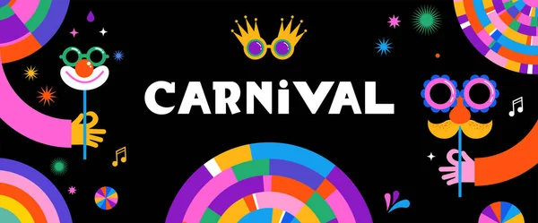 Glad Karneval Färgstark Geometrisk Bakgrund Med Stänk Pratbubblor Masker Och — Stock vektor