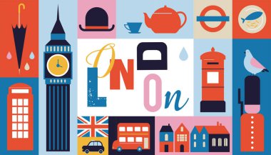 Londra, Uk, İngiltere geometrik afiş tasarımı. Londra binaları, şemsiyeler, kırmızı otobüs, taksi, telefon ve daha fazlası ile renkli modüler çizimler. İngilizce konsept tasarımı öğren. Vektör ögeleri