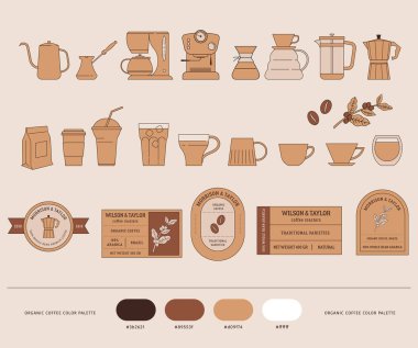 Coffee, coffee shop and cafe collection of illustrations and elements. Coffee beans, plants, cups, coffeepot, package, grinder, filter and espresso machine,. Vector linear style design