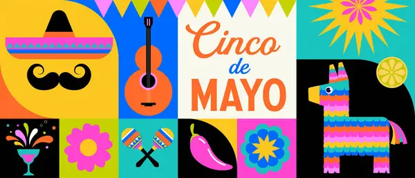 Cinco Mayo Design Divertido Colorido Conceito Fiesta Mexicana Banner Cartaz Gráficos Vetores