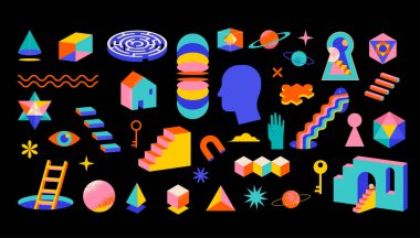 Gerçeküstü, soyut, psikedelik şekiller, elementler. Modern, geometrik öğeler ve reklamcılık, tişört tasarımı, çıkartmalar ve posterler için semboller. Çağdaş sanat arkaplanı