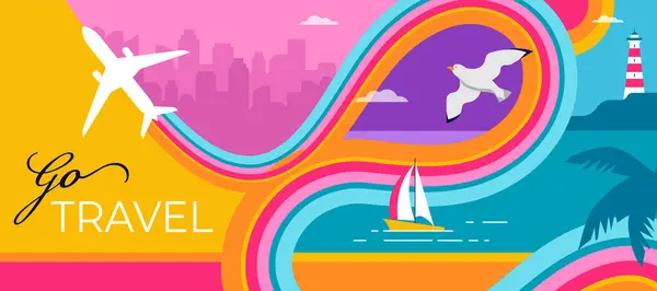 Colorful Geometric Summer Travel Background Poster Banner Summer Time Fun Stock Illustration