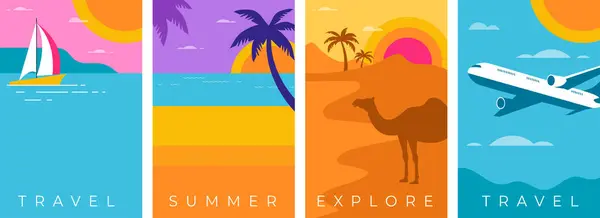 Πολύχρωμο Γεωμετρικό Καλοκαίρι Και Ταξιδιωτικό Ιστορικό Αφίσα Πανό Καλοκαιρινή Διασκέδαση Διάνυσμα Αρχείου