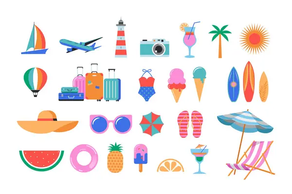 Summer Utazási Ikonok Beállítva Illusztrációk Ikonok Vektorgyűjteménye Stock Vektor