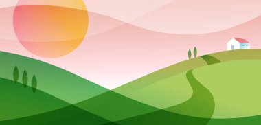 Güzel soyut dağ manzarası, panoramik manzara. Yaz, doğa, fotokopi alanı ile seyahat konsepti tasarımı. Vektör illüstrasyonu