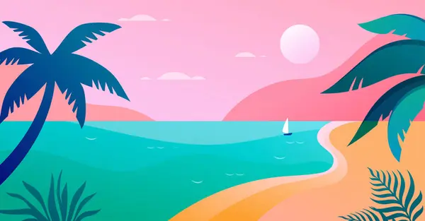 Дизайн Концепции Лето Путешествия Пальмовый Лист Пляжном Ландшафте Панорамный Вид Лицензионные Стоковые Векторы