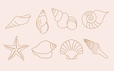 Bohem doğrusal logolar, simgeler ve semboller, deniz, okyanus, plaj ve sörf. Güneş, deniz kabuğu ve palmiye tasarımı şablonları, dekorasyon için geometrik soyut tasarım elementleri. Vektör illüstrasyonu